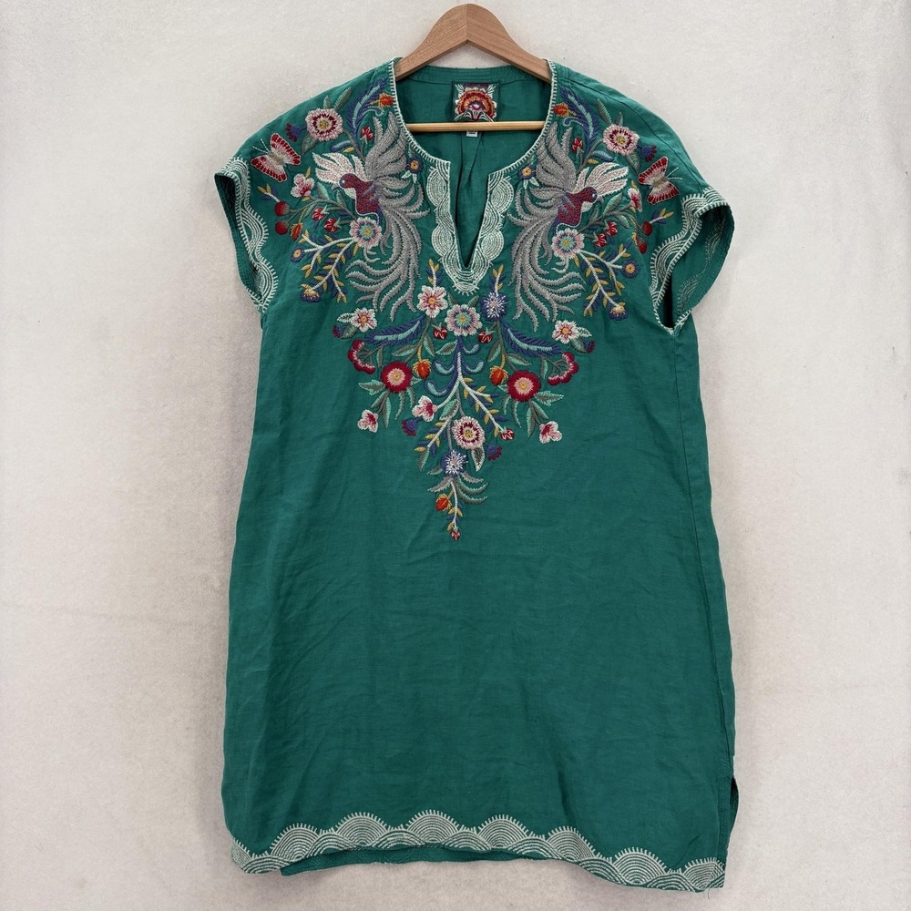 Johnny Was Dress Womens M Green Linen Embroidered Floral Boho Shift Sundress